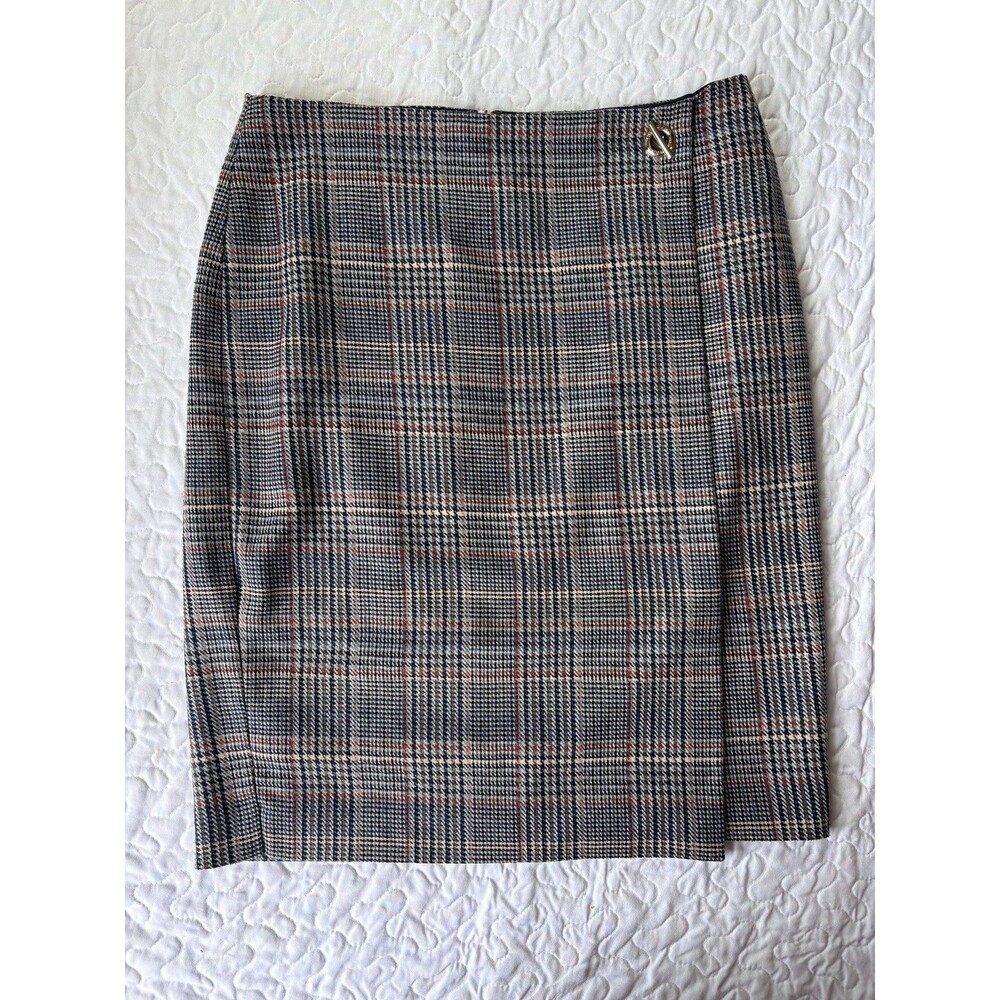 Calvin Klein Brown Red Blue Plaid Straight Wrap Business Skirt Zipper Back sz 6
